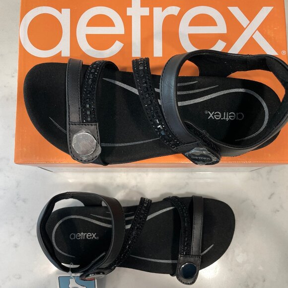 NEW AETREX women's jess adjustable quarter strap sandal in black sparkle - Picture 3 of 11